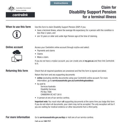 Document preview: Claim for Disability Support Pension for a Terminal Illness — Services Australia — Individuals (by code), Australia (CERFA n°SA494)