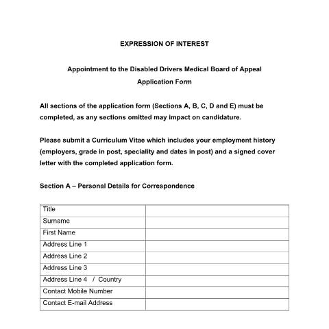 Document preview: Expression of Interest - Appointment to the Disabled Drivers Medical Board of Appeal — application form disabled drivers medical board of appeal 14c1fdf0 fa59 4cc8 a891 f618 — Department of Health, Ireland (CERFA n°FA59)