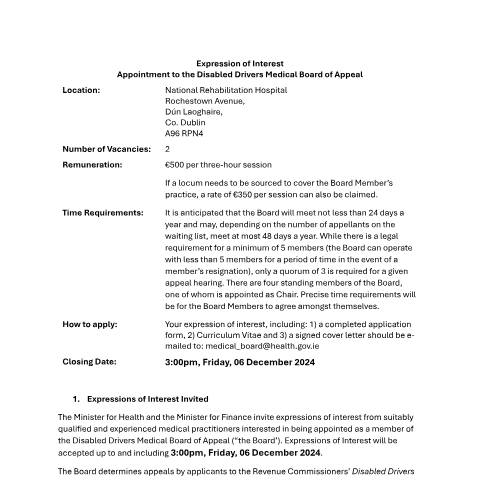 Document preview: Expression of Interest - Appointment to the Disabled Drivers Medical Board of Appeal — information booklet disabled drivers medical board of appeal 346ae8fb 7f32 41bc b7c6 7 — Department of Health, Ireland