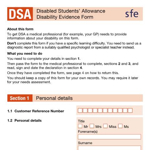 Document preview: Disabled Students' Allowance evidence form — Student Loans Company, United Kingdom