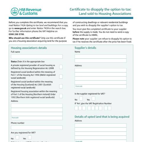 Document preview: Disapply the option to tax land sold to housing associations — HM Revenue & Customs, United Kingdom
