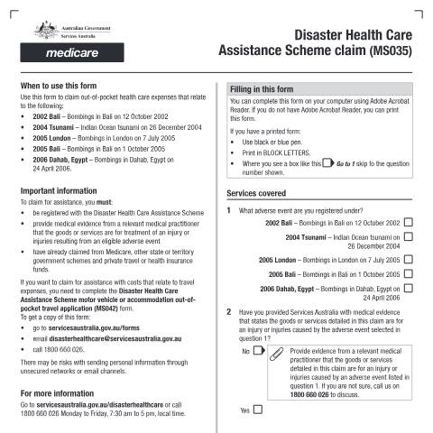 Document preview: Disaster Health Care Assistance Scheme claim — Services Australia — Individuals (by code), Australia (CERFA n°MS035)