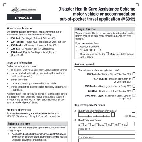 Document preview: Disaster Health Care Assistance Scheme motor vehicle or accommodation out-of-pocket travel application — Services Australia — Individuals (by code), Australia (CERFA n°MS042)