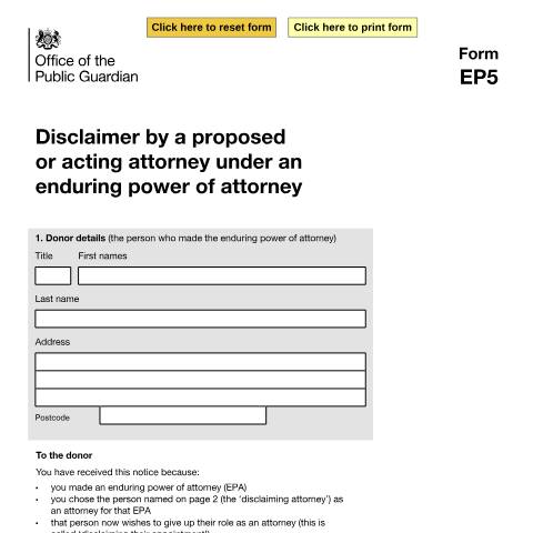 Document preview: Disclaim an enduring power of attorney — Office of the Public Guardian, United Kingdom