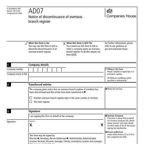 Document preview: Give notice of discontinuance of overseas branch register (AD07) — Companies House, United Kingdom