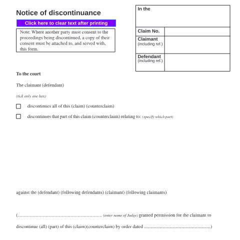 Document preview: Tell the court to discontinue a claim or counterclaim: Form N279 — HM Courts & Tribunals Service, United Kingdom
