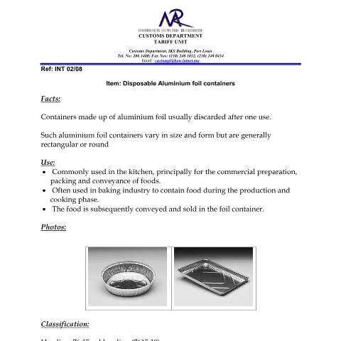Document preview: Classification of Disposable Aluminium Foil Containers — Document, Mauritius (CERFA n°AluminiumFoil)