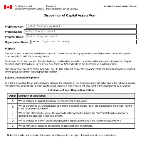 Document preview: Disposition of Capital Assets Form — Employment and Social Development Canada, Canada (CERFA n°EMP5689)