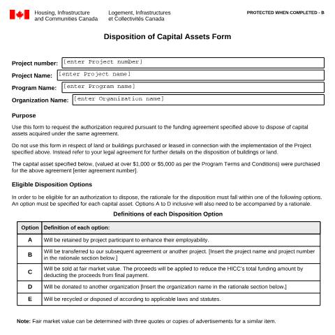 Document preview: Disposition of Capital Assets Form — Employment Programs, Canada (CERFA n°HIC5689)