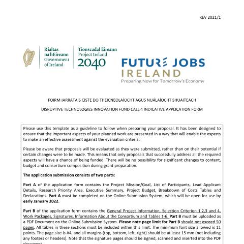 Document preview: Disruptive Technologies Innovation Fund Call 4 documentation — dtif call 4 indicative application form — Department of Enterprise, Tourism and Employment, Ireland (CERFA n°CALL4)