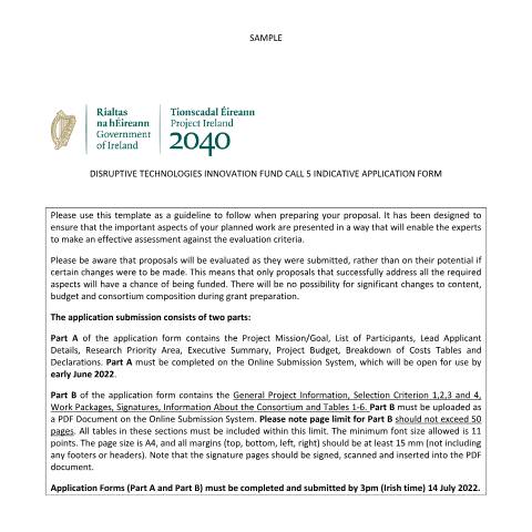 Document preview: Disruptive Technologies Innovation Fund Call 5 documentation — dtif call 5 indicative application form — Department of Enterprise, Tourism and Employment, Ireland (CERFA n°CALL5)