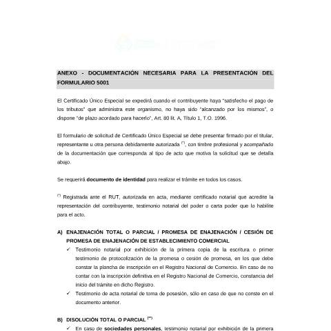 Vista previa del documento Anexo 5001v04 -Documentación necesaria para la presentación del Formulario 5001 — DGI - Formularios, Uruguay (CERFA n°5001)