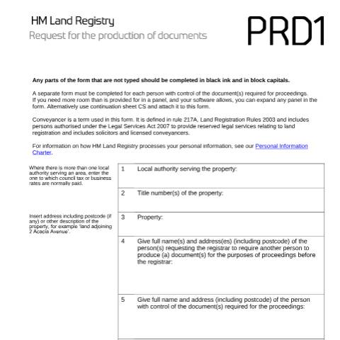 Document preview: Documents for proceedings request: registration (PRD1) — HM Land Registry, United Kingdom
