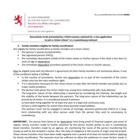 Aperçu du document en Documents to be presented by a third-country national for a visa application to join a Union citizen or a Luxembourg national — Immigration tiers regroupement familial, Luxembourg (CERFA n°liste-pieces)