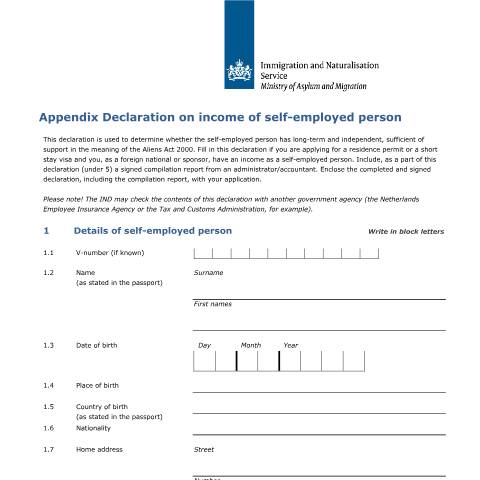 Documentvoorvertoning: Appendix Declaration on income of self-employed person — IND — immigratie, Nederland (CERFA n°7612)