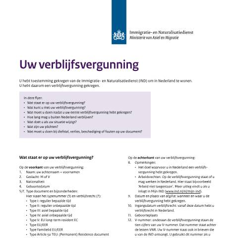 Documentvoorvertoning: Uw verblijfsvergunning — IND — immigratie, Nederland (CERFA n°1321)