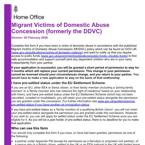 Document preview: Apply for the migrant victims of domestic abuse concession — UK Visas and Immigration, United Kingdom