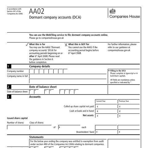 Document preview: File your dormant accounts (AA02) — Companies House, United Kingdom