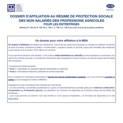 Aperçu du document Dossier d'affiliation des non-salariés agricoles — Professionnels, France (CERFA n°12555*04)