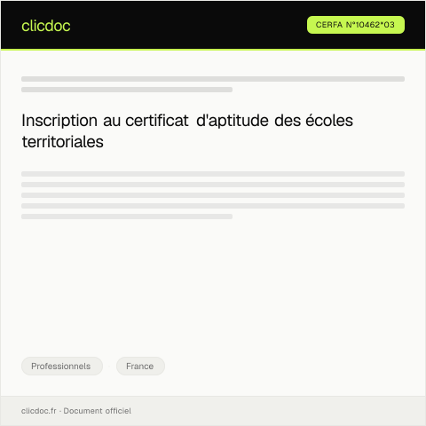 Aperçu du document Dossier d'inscription au certificat d'aptitude de directeur ou professeur des écoles territoriales de musique, de danse et d'art dramatique — Professionnels, France (CERFA n°10462*03)