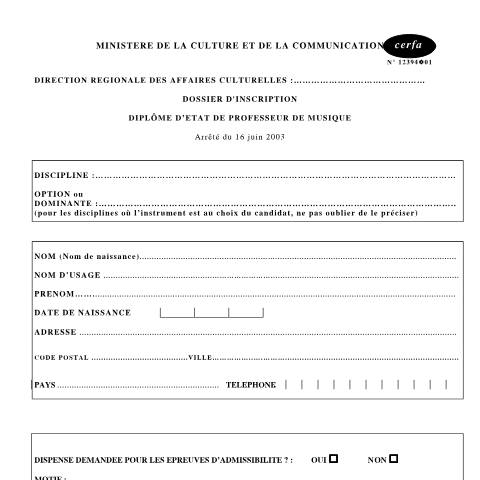 Aperçu du document Dossier d'inscription au diplôme d'État de professeur de musique — Particuliers, France (CERFA n°12394*01)