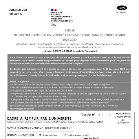 Aperçu du document Dossier vert (étudiant étranger) : demande d'admission préalable en université - 1ère année de licence ou Paces - 2026-2027 — Particuliers, France (CERFA n°11126*25)