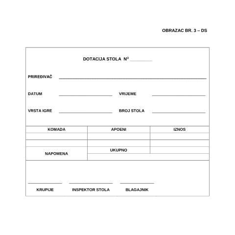Document preview: DOTACIJA STOLA — Obrazac | Igre na sreću, Bosna i Hercegovina (CERFA n°DS)