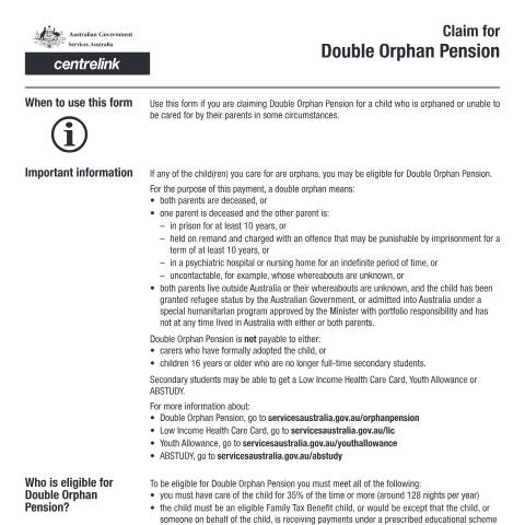 Document preview: Claim for Double Orphan Pension — Services Australia — Individuals (by code), Australia (CERFA n°SC003)