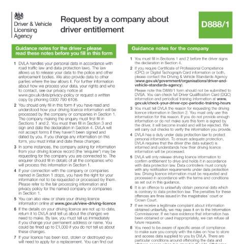 Document preview: Request by a company about driver entitlement (form D888/1) — Driver and Vehicle Licensing Agency, United Kingdom