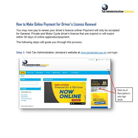 Document preview: How to Make Online Payment for Driver's Licence Renewal — Guide, Jamaica (CERFA n°drivers_licence_renewal_guide_092020)