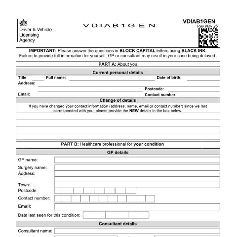 Document preview: Report your medical condition (form VDIAB1GEN) — Driver and Vehicle Licensing Agency, United Kingdom