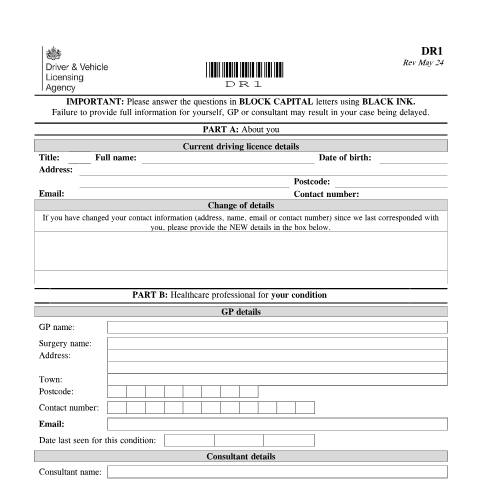 Document preview: Report your medical condition (form DR1) — Driver and Vehicle Licensing Agency, United Kingdom
