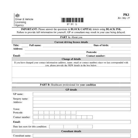 Document preview: Report your medical condition (form PK1) — Driver and Vehicle Licensing Agency, United Kingdom