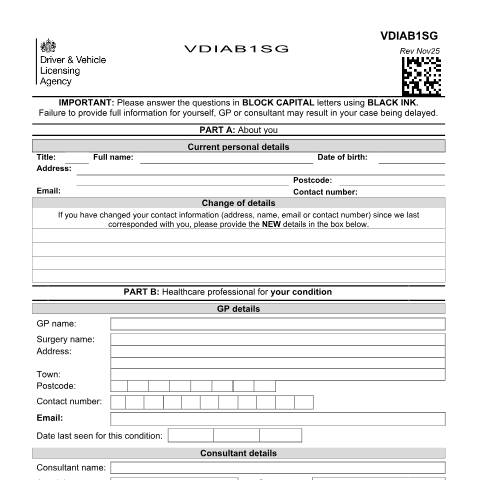 Document preview: Report your medical condition (form VDIAB1SG) — Driver and Vehicle Licensing Agency, United Kingdom