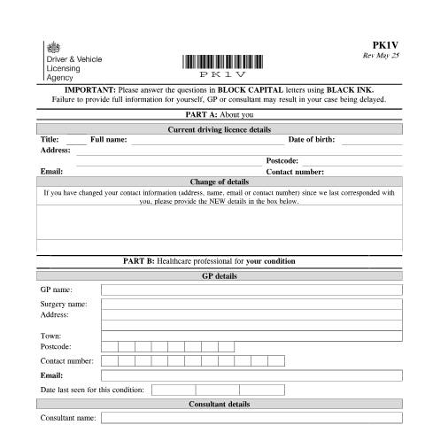 Document preview: Report your medical condition (PK1V) — Driver and Vehicle Licensing Agency, United Kingdom