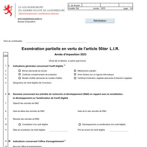 Aperçu du document Droits de propriété intellectuelle visés à l'article 50ter — Annexes et bonifications d'impôt, Luxembourg (CERFA n°760 F)