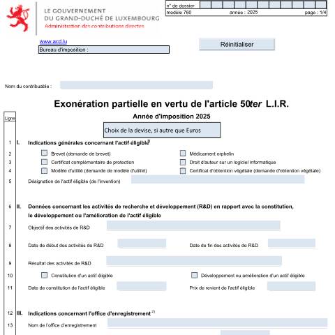 Aperçu du document Droits de propriété intellectuelle visés à l'article 50ter — Annexes et bonifications d'impôt, Luxembourg (CERFA n°760 F)
