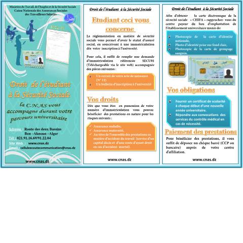 Aperçu du document Etudiant-002 Dépliant relatif aux droits de l'étudiant à la sécurité sociale — CNAS — Formulaires Sécurité sociale, Algérie (CERFA n°Etudiant-002)