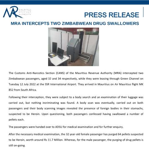 Document preview: MRA intercepts two Zimbabwean drug swallowers — Document, Mauritius (CERFA n°PressReleaseZimbabwean180722)