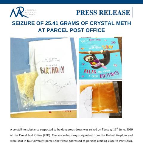 Document preview: Seizure of 25.41 grams of Crystal Meth at Parcel Post Office (12.06.19) — Document, Mauritius (CERFA n°PressRelease120619)