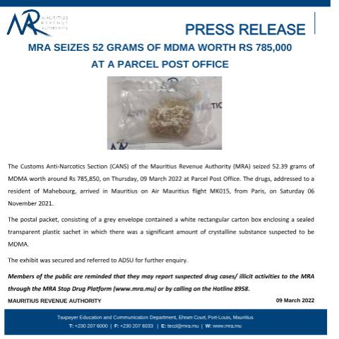Document preview: MRA seizes 52 grams of MDMA worth Rs 85,000 at a parcel post office (09.03.22) — Document, Mauritius (CERFA n°PressRelease090322)