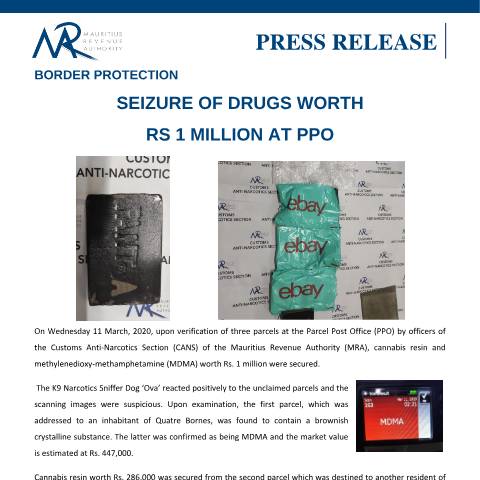 Document preview: Seizure of drugs worth Rs 1 million at Parcel Post Office (11.03.20) — Document, Mauritius (CERFA n°PressRelease110320)