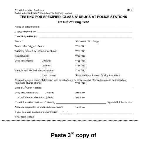 Document preview: Drugs Test 2 (DT2) form — Home Office, United Kingdom
