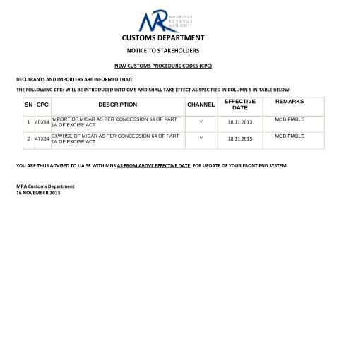 Document preview: Notice X64 - Provisions of duty exemption facilities to officers of ICAC (18.11.13) — Document, Mauritius (CERFA n°NoticeX64)