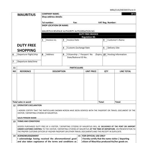Document preview: DF4 - Duty Free Invoice — Document, Mauritius (CERFA n°DF4)