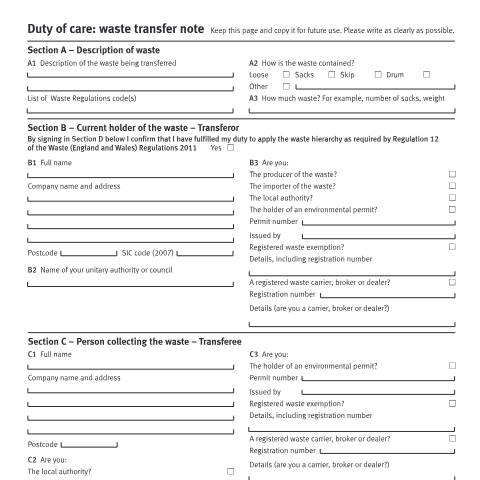 Document preview: Duty of care waste transfer note form — Environment Agency, United Kingdom