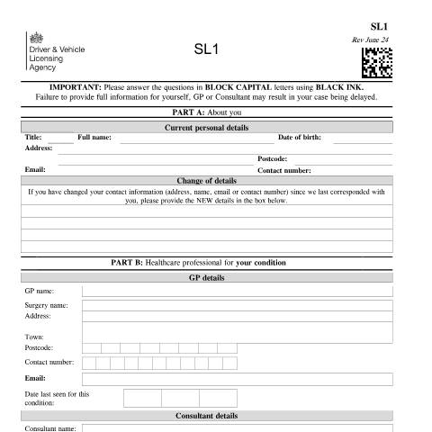 Document preview: Report your medical condition (form SL1) — Driver and Vehicle Licensing Agency, United Kingdom