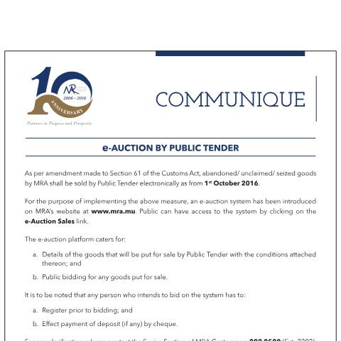 Document preview: e-Auction by Public Tender (07.10.16) — Document, Mauritius (CERFA n°EAuction071016)