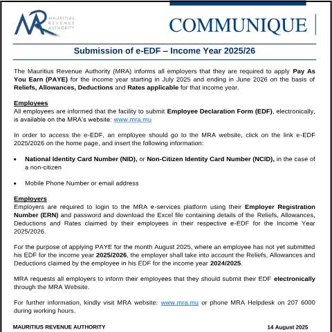 Document preview: Submission of e-EDF – Income Year 2025/26 (14.08.25) — Document, Mauritius (CERFA n°Com-e-EDF2025)