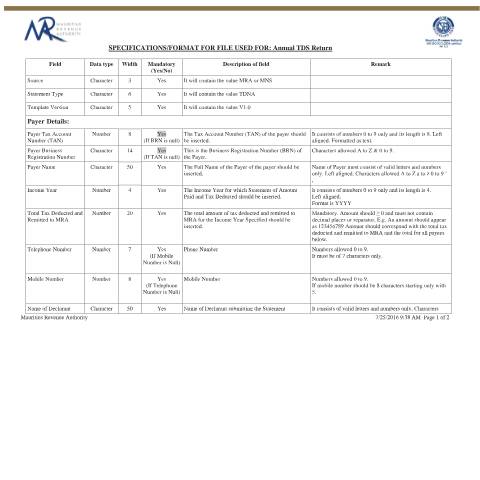 Document preview: E-File Specifications for Annual TDS Return — Form, Mauritius (CERFA n°20160721_EFileSpecificationsforAnnualTDSReturn)